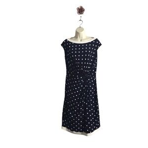 Lauren RL Size 14 Navy‎ White Polka Dot Ruched Stretch Dress Classic Comfort NEW